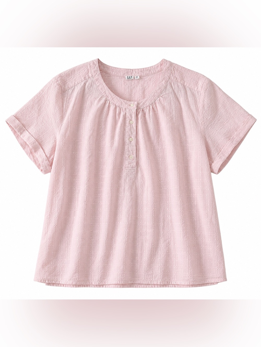 GAP Pink Textured Cotton Short Sleeve Henley Blouse XL